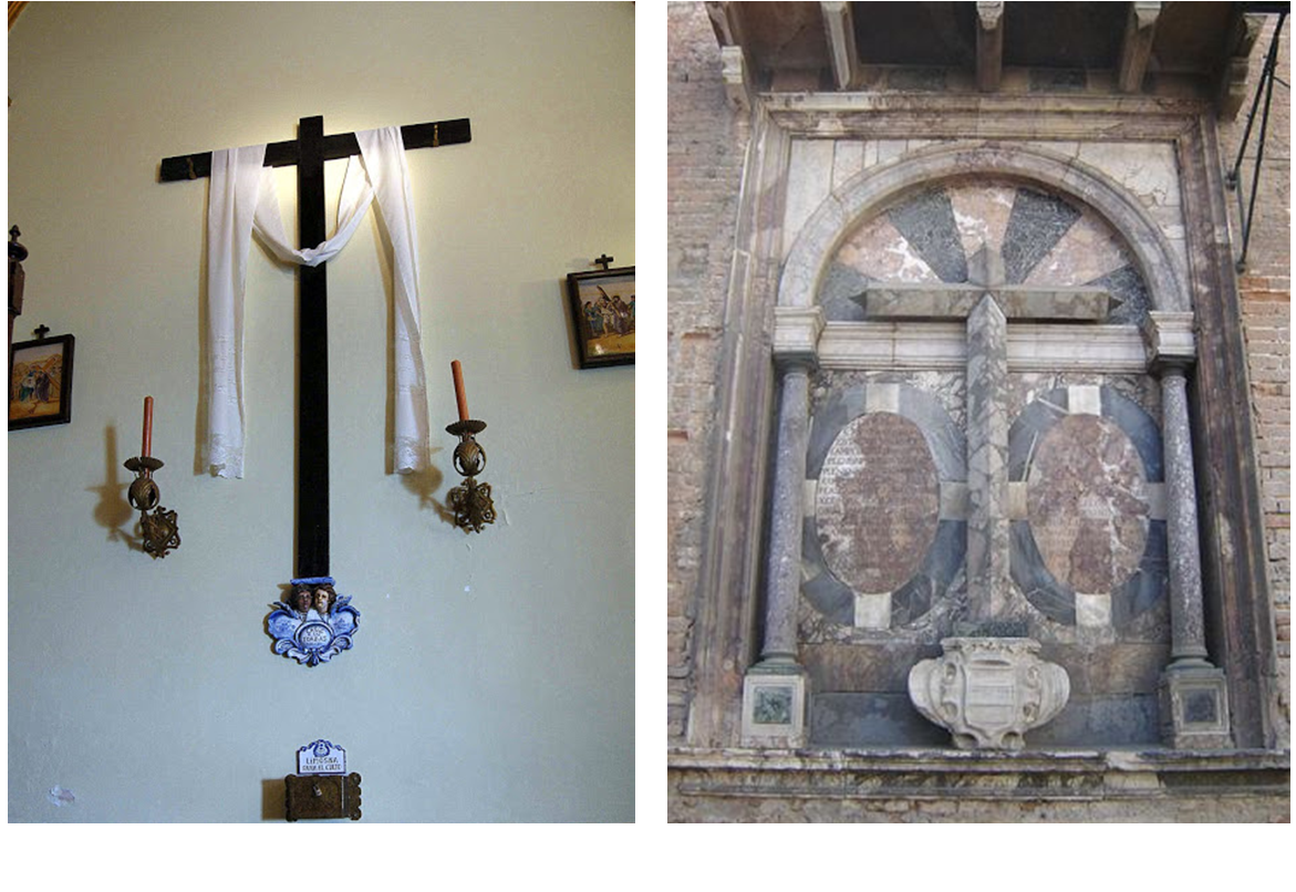 La Cruz de las toallas (en la capilla de los Negritos) y la que hay en la fachada de la casa de Pilatos