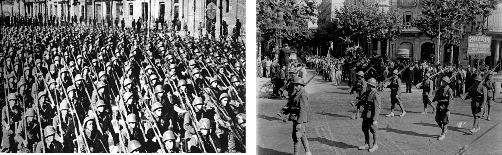 A la izquierda, tropas fascistas enviadas por Mussolini para ayudar a Franco; a la derecha, la brigada Garibaldi, formada por italianos venidos voluntariamente a luchar por la República
